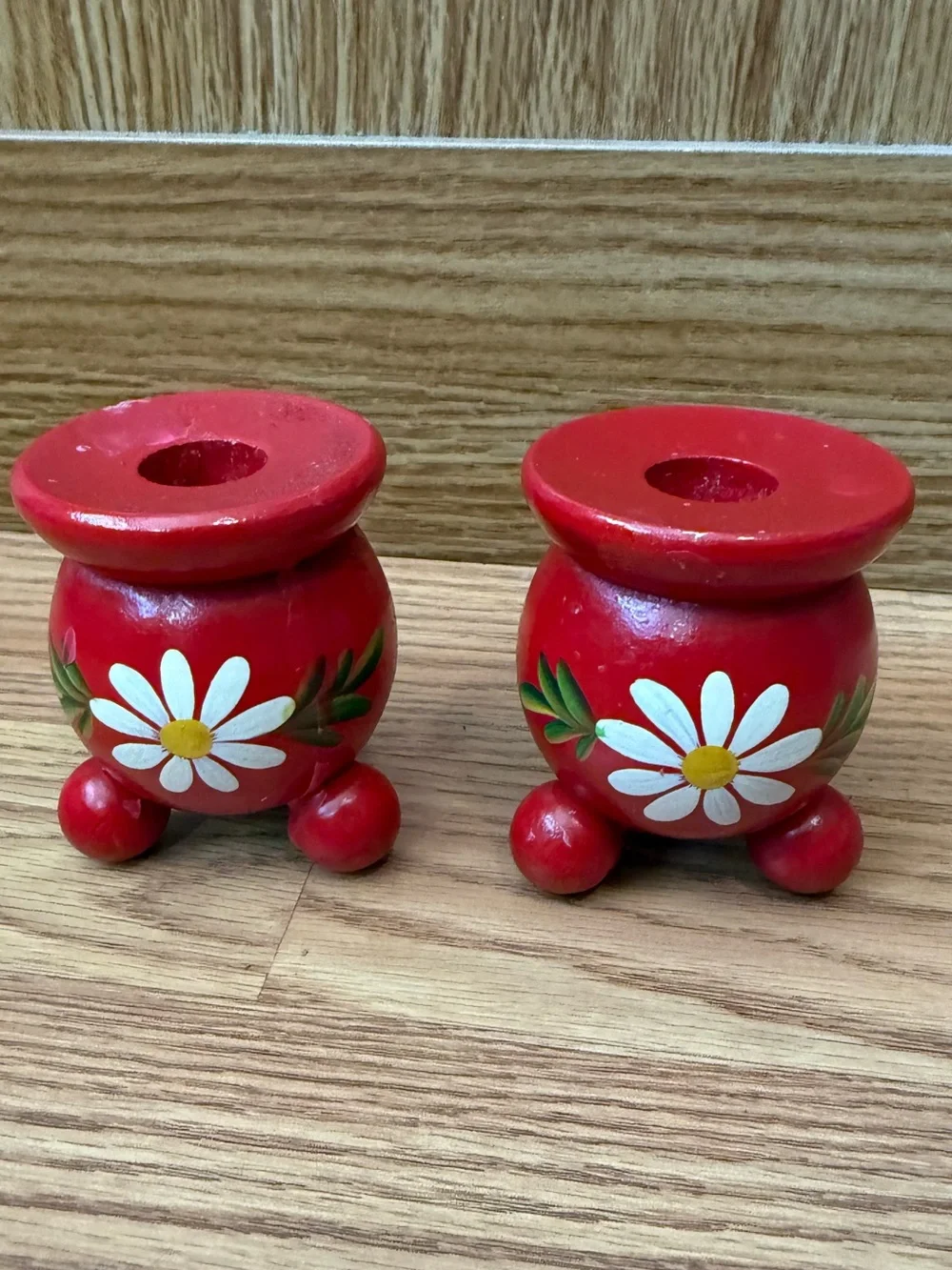 2 Hand-painted Wood CandleHolders made in Sweden